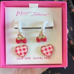 Betsey Johnson Strawberry Huggie Earrings & Gingham Heart Studs (2 pairs)